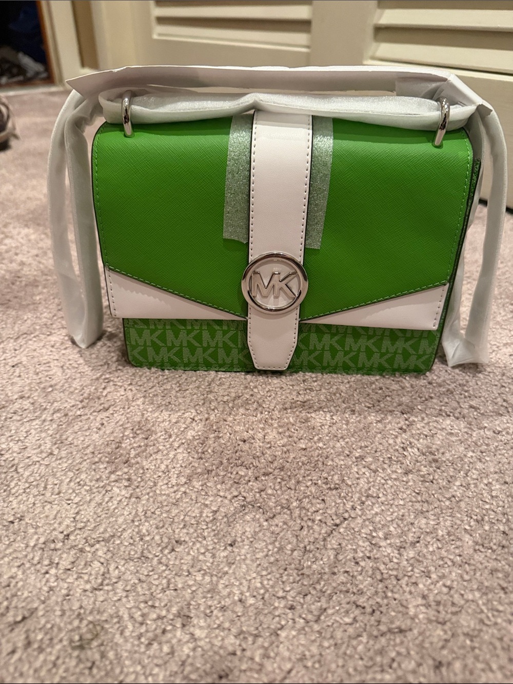 Michael Kors Green and White MK Signature Crossbody